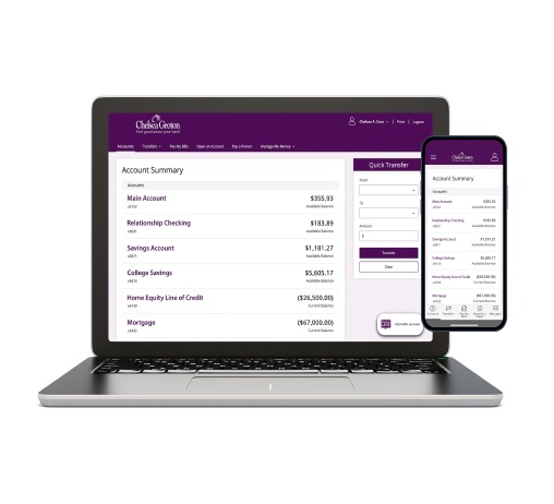 A laptop and mobile device opened to Nebula Trust online banking
