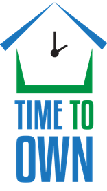 A graphic of a green house with a blue roof and black clock hands above blue and green text that reads "TIME TO OWN"